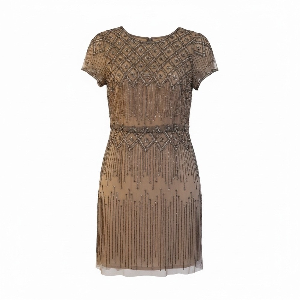Adrianna Papell Mercury Nude Beaded Allover Short Sleeve Cocktail Dress Size 18W